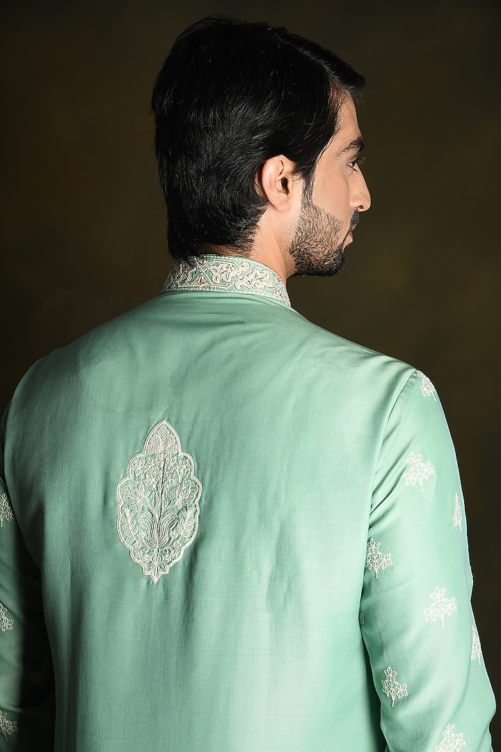 Pistachio Green Modal Cotton & Silk Embroidered Kurta Set by Punit Arora at Pernia's Pop Up Shop