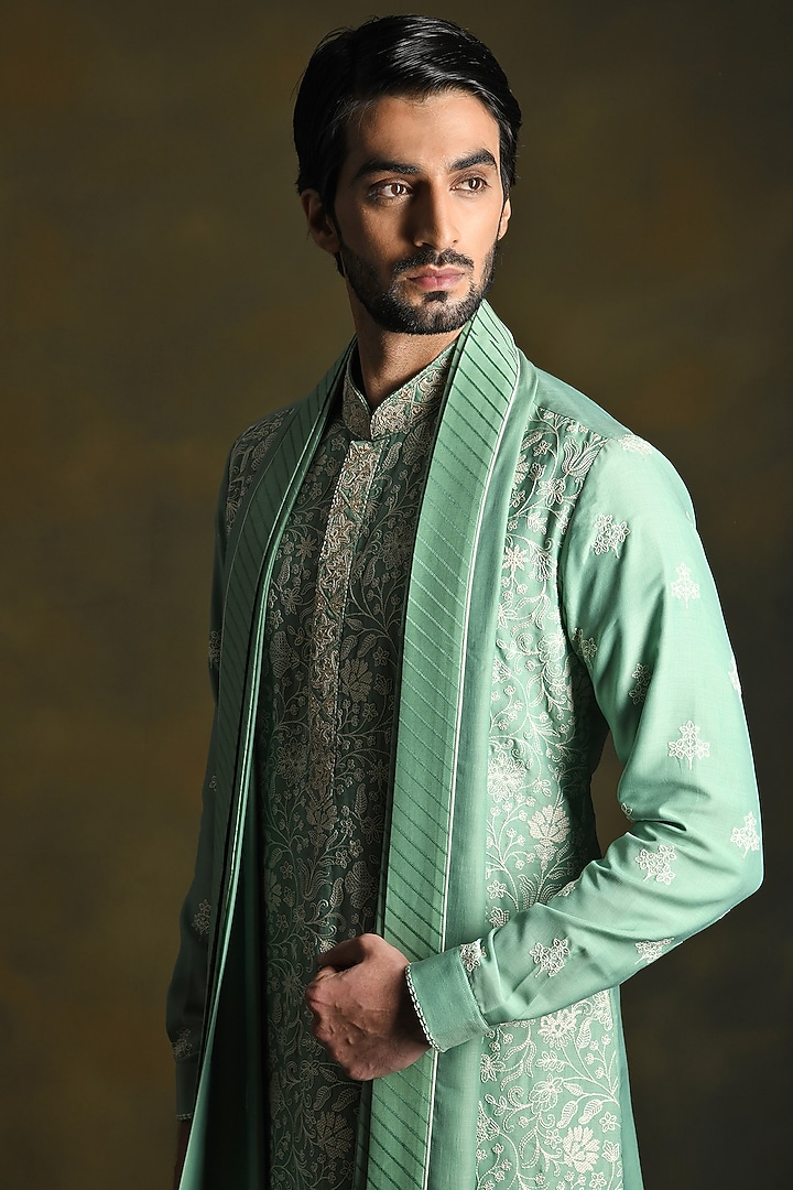 Pistachio Green Modal Cotton & Silk Embroidered Kurta Set by Punit Arora at Pernia's Pop Up Shop
