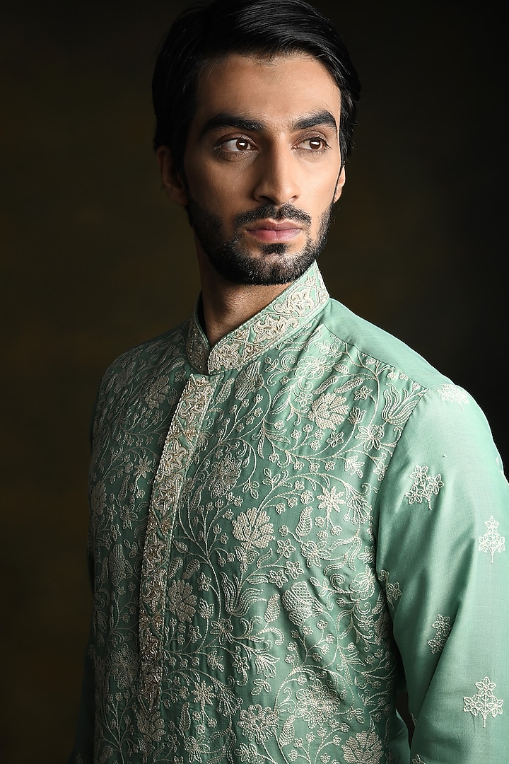 Pistachio Green Modal Cotton & Silk Embroidered Kurta Set by Punit Arora at Pernia's Pop Up Shop