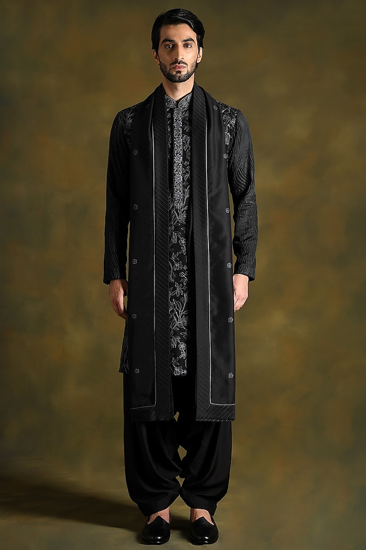 Black Modal Cotton & Silk Embroidered Kurta Set by Punit Arora