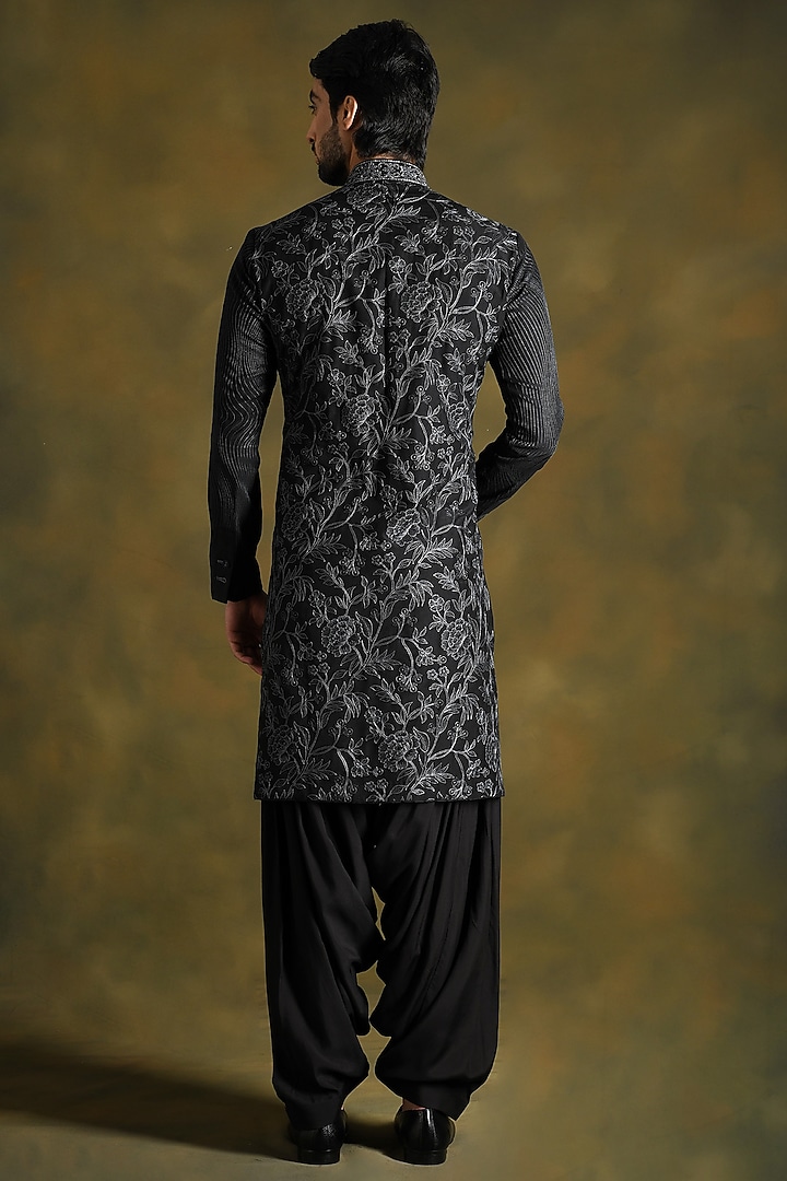 Intense Black Modal Cotton & Silk Embroidered Kurta Set by Punit Arora at Pernia's Pop Up Shop