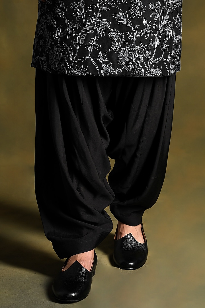 Intense Black Modal Cotton & Silk Embroidered Kurta Set by Punit Arora at Pernia's Pop Up Shop