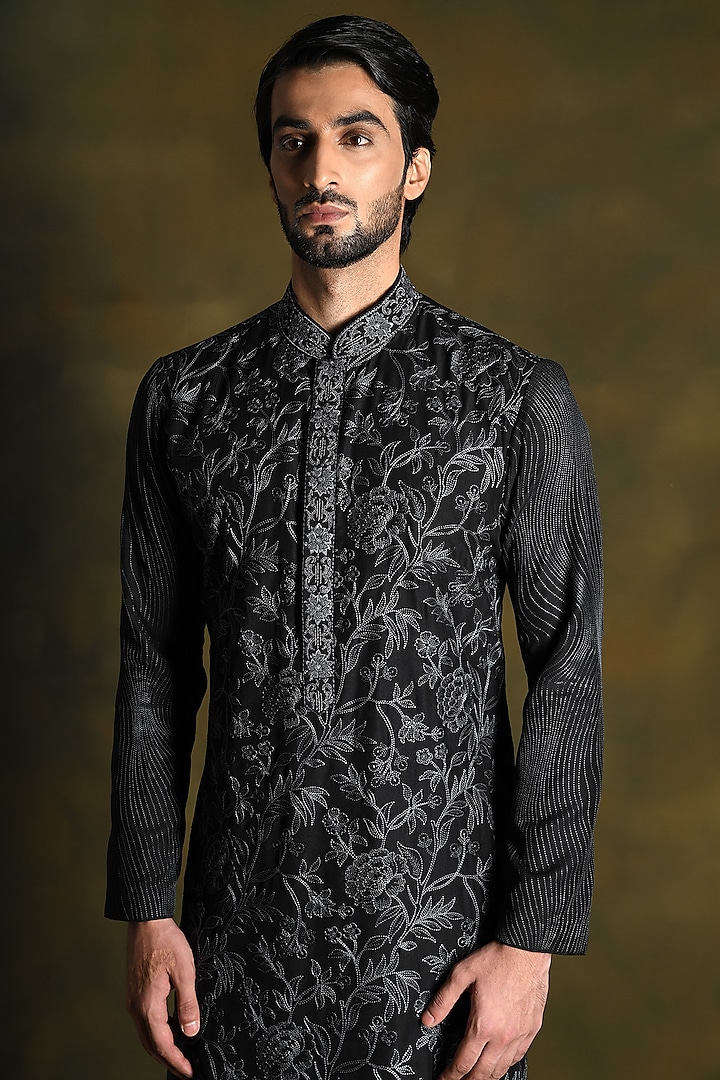 Intense Black Modal Cotton & Silk Embroidered Kurta Set by Punit Arora at Pernia's Pop Up Shop