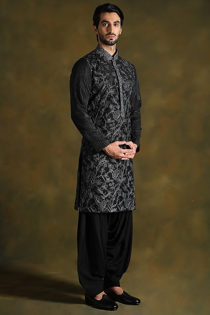Intense Black Modal Cotton & Silk Embroidered Kurta Set by Punit Arora at Pernia's Pop Up Shop