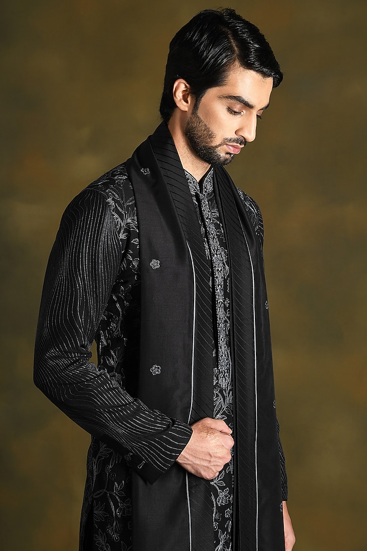 Intense Black Modal Cotton & Silk Embroidered Kurta Set by Punit Arora at Pernia's Pop Up Shop