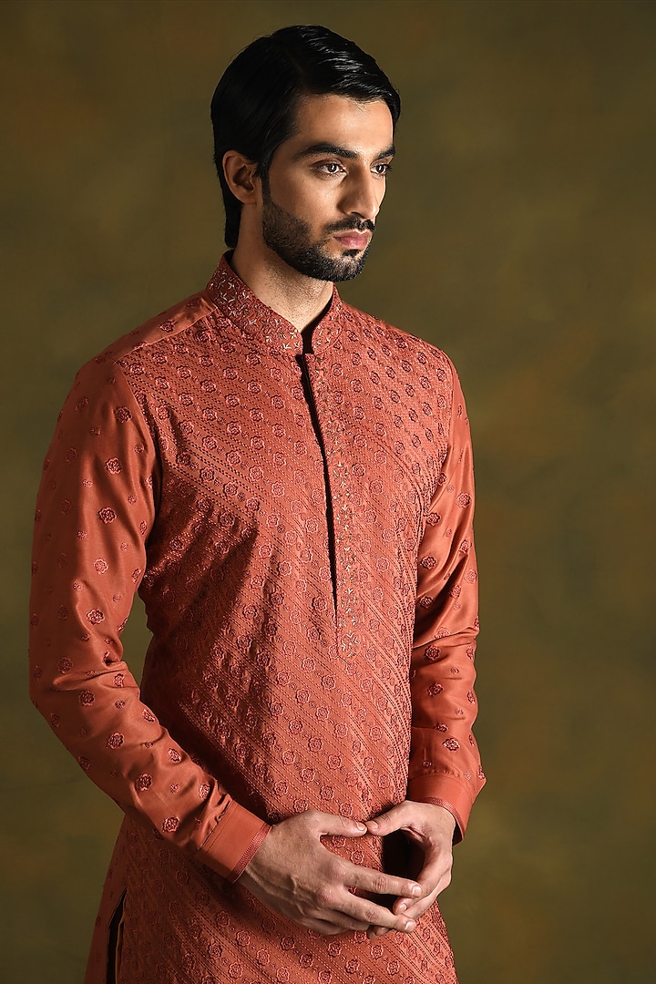 Terracotta Modal Cotton & Silk Embroidered Kurta Set by Punit Arora at Pernia's Pop Up Shop