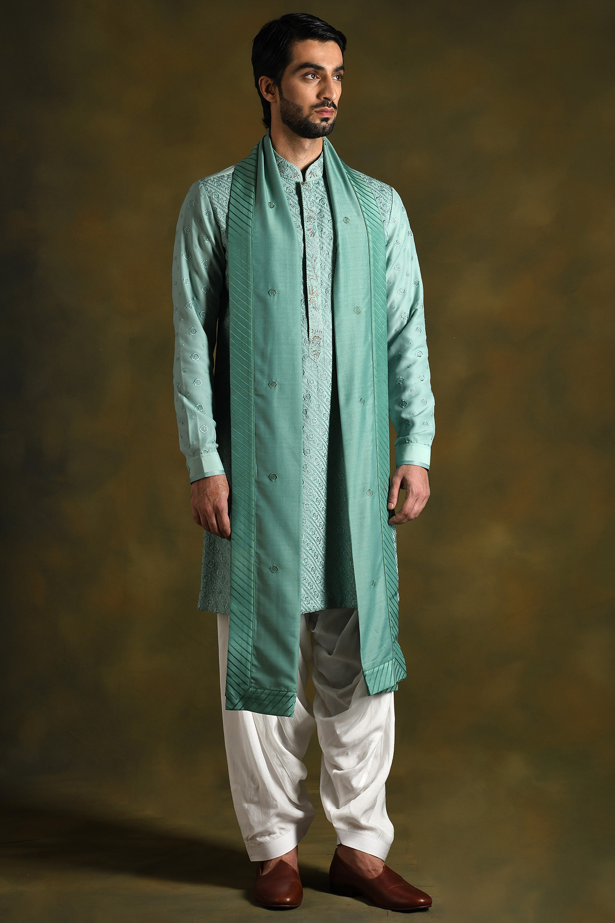 Topaz Green Modal Cotton & Silk Embroidered Kurta Set by Punit Arora