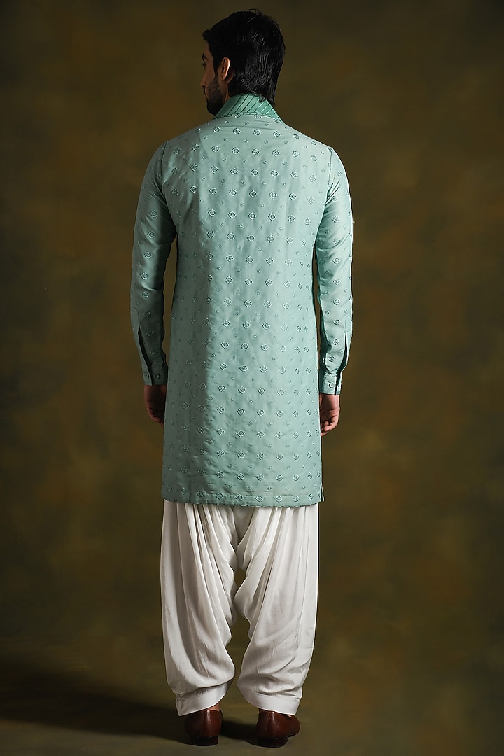 Topaz Green Modal Cotton & Silk Embroidered Kurta Set by Punit Arora at Pernia's Pop Up Shop