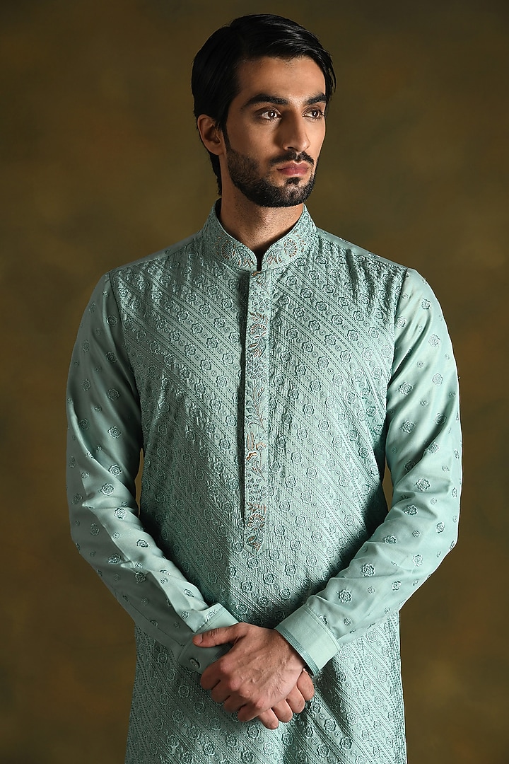 Topaz Green Modal Cotton & Silk Embroidered Kurta Set by Punit Arora at Pernia's Pop Up Shop