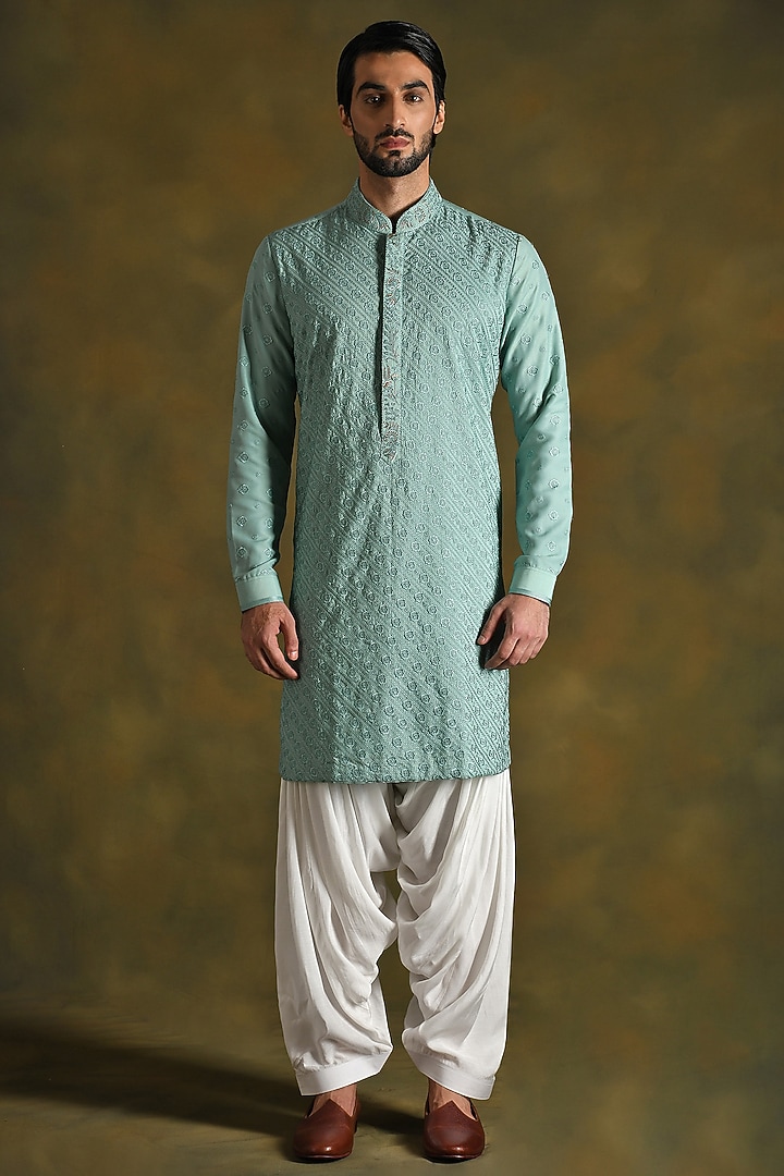 Topaz Green Modal Cotton & Silk Embroidered Kurta Set by Punit Arora at Pernia's Pop Up Shop