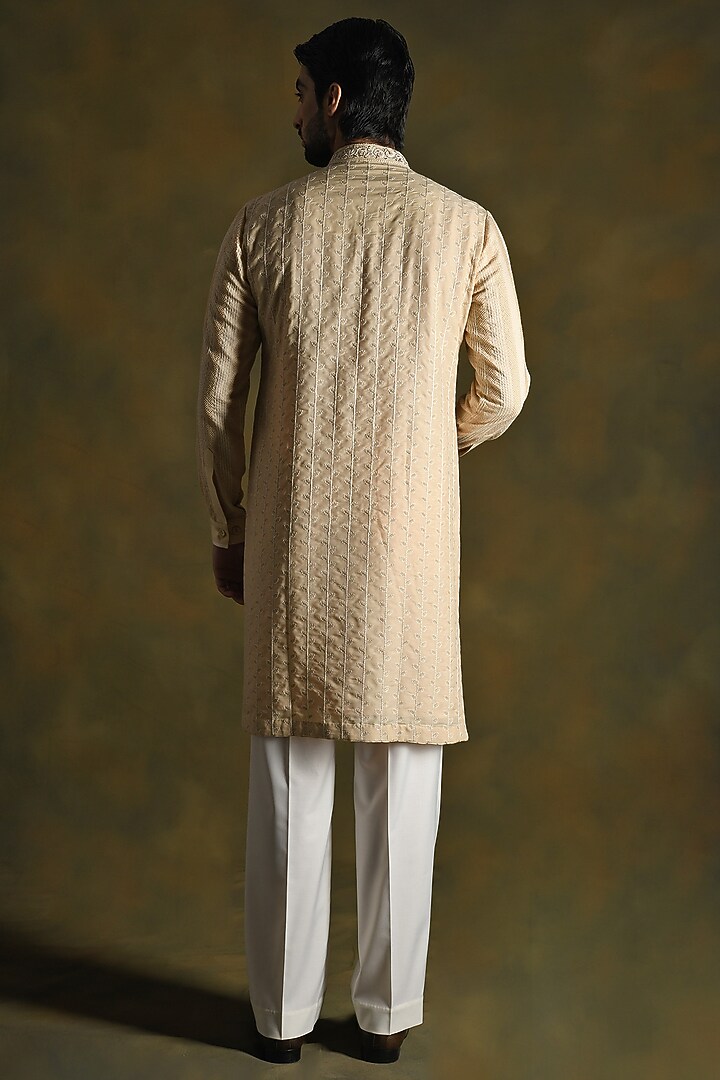 Oyster Fawn Modal Cotton & Silk Blend Embellished Kurta Set by Punit Arora at Pernia's Pop Up Shop