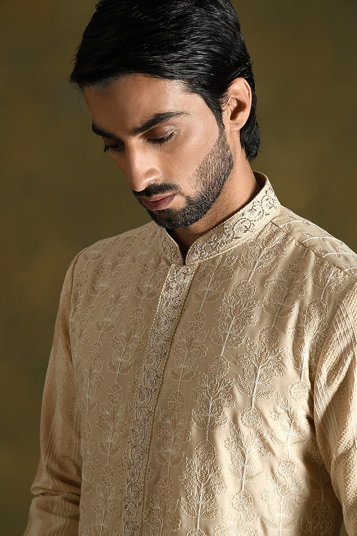 Oyster Fawn Modal Cotton & Silk Blend Embellished Kurta Set by Punit Arora at Pernia's Pop Up Shop