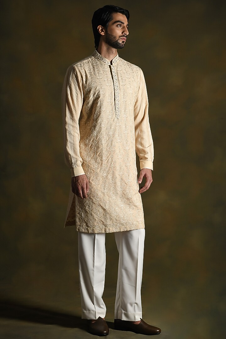 Oyster Fawn Modal Cotton & Silk Blend Embellished Kurta Set by Punit Arora at Pernia's Pop Up Shop