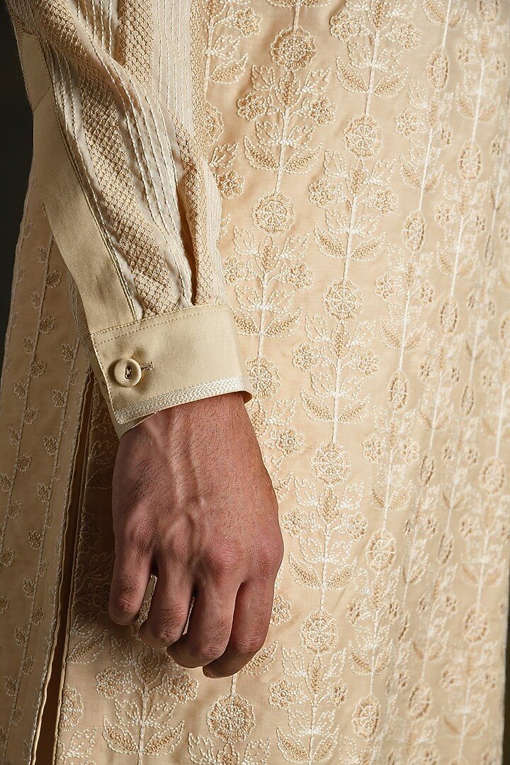 Oyster Fawn Modal Cotton & Silk Blend Embellished Kurta Set by Punit Arora at Pernia's Pop Up Shop