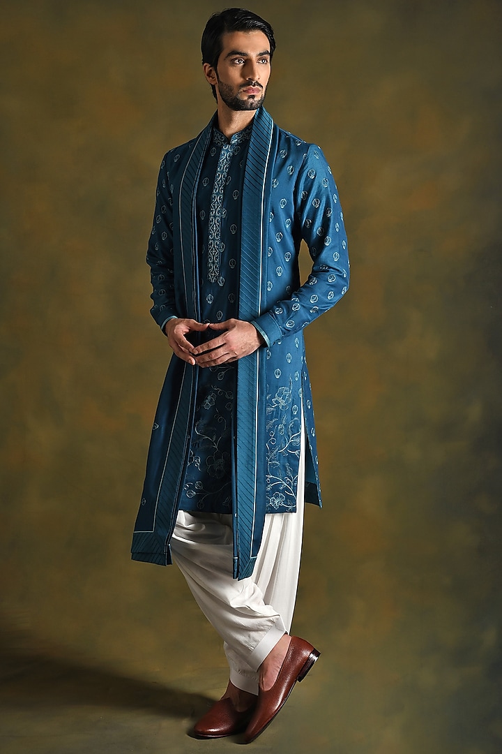 Prussian Blue Modal Cotton & Silk Embroidered Kurta Set by Punit Arora