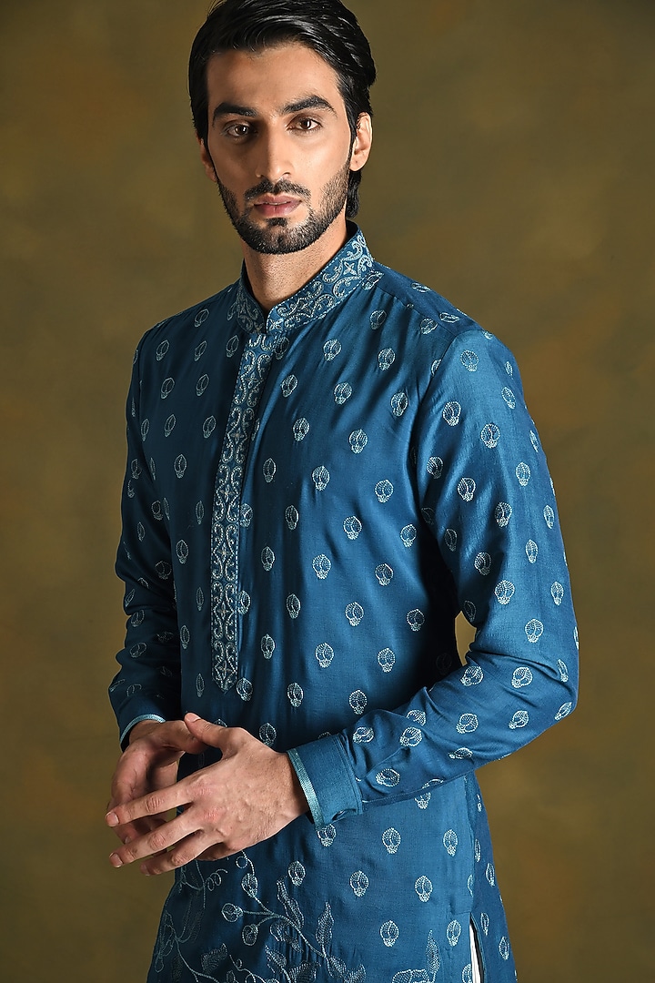 Prussian Blue Modal Cotton & Silk Embroidered Kurta Set by Punit Arora at Pernia's Pop Up Shop