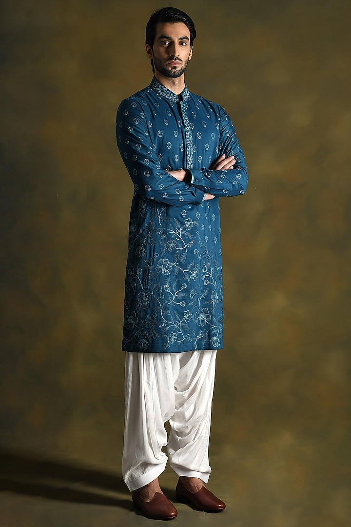 Prussian Blue Modal Cotton & Silk Embroidered Kurta Set by Punit Arora at Pernia's Pop Up Shop