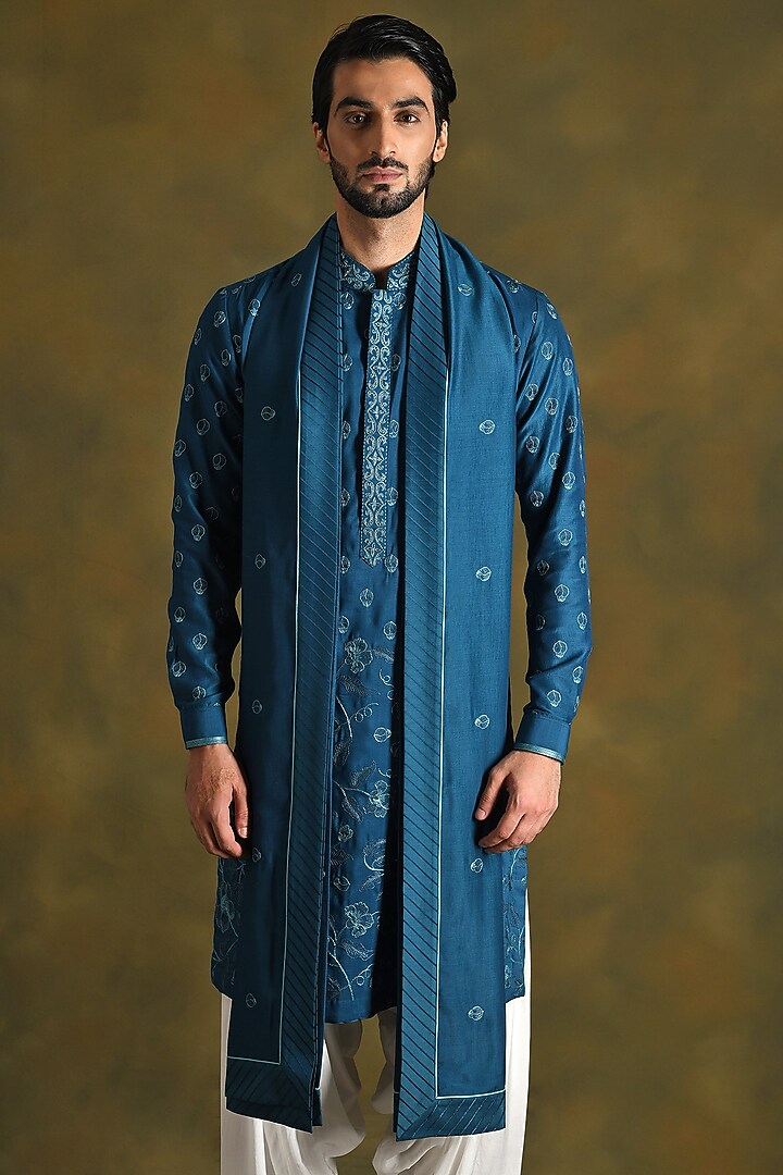 Prussian Blue Modal Cotton & Silk Embroidered Kurta Set by Punit Arora at Pernia's Pop Up Shop