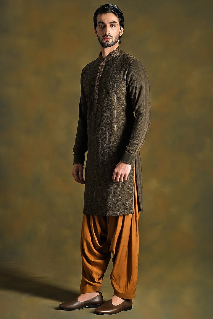 Fern Green & Rust Modal Cotton & Silk Embroidered Kurta Set by Punit Arora at Pernia's Pop Up Shop