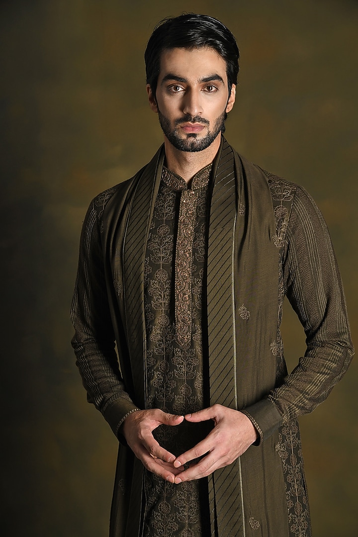 Fern Green & Rust Modal Cotton & Silk Embroidered Kurta Set by Punit Arora at Pernia's Pop Up Shop