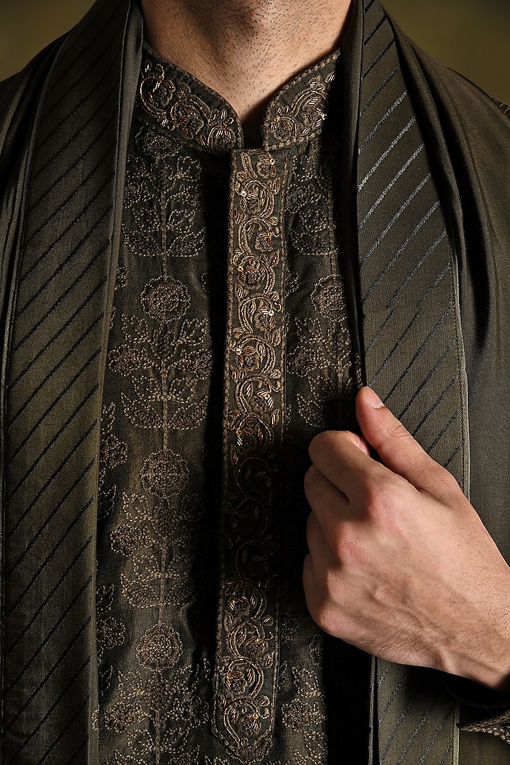 Fern Green & Rust Modal Cotton & Silk Embroidered Kurta Set by Punit Arora at Pernia's Pop Up Shop