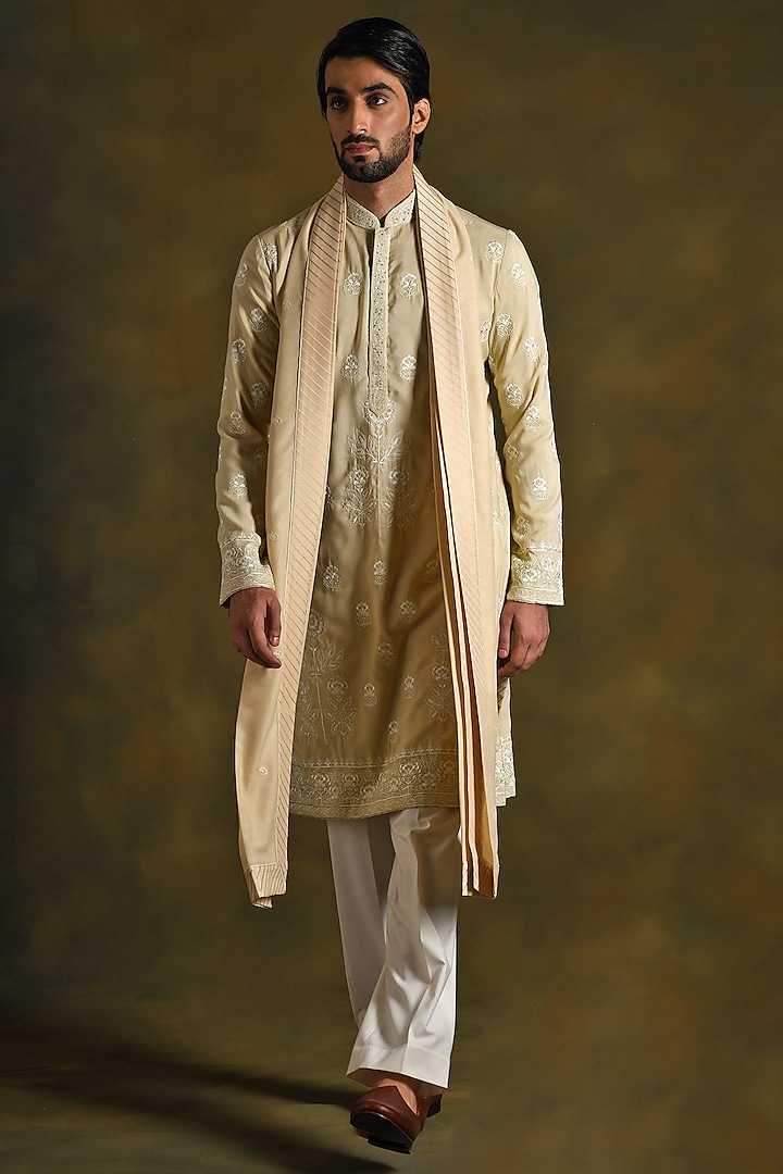 Beige Modal Cotton & Silk Embroidered Kurta Set by Punit Arora