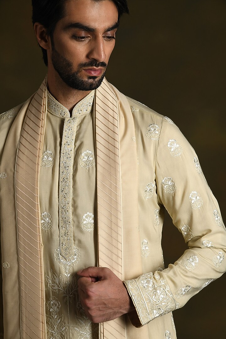 Beige Modal Cotton & Silk Embroidered Kurta Set by Punit Arora at Pernia's Pop Up Shop