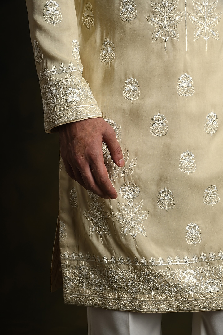 Beige Modal Cotton & Silk Embroidered Kurta Set by Punit Arora at Pernia's Pop Up Shop