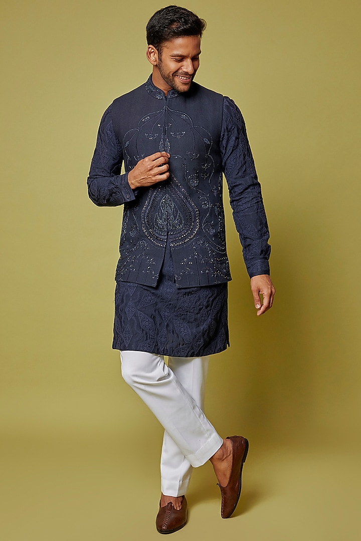 Navy Blue Matka Silk Bundi Jacket With Kurta Set by Punit Arora