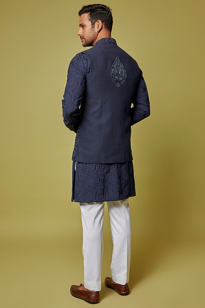 Navy Blue Matka Silk Bundi Jacket Set by Punit Arora at Pernia's Pop Up Shop