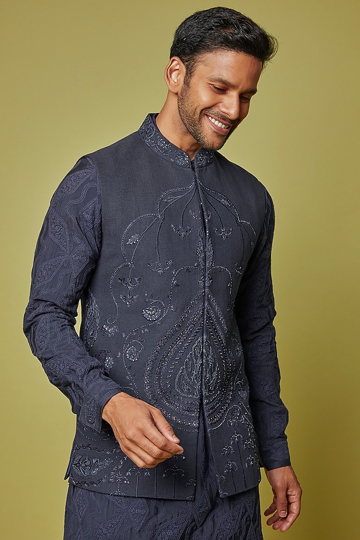 Navy Blue Matka Silk Bundi Jacket Set by Punit Arora at Pernia's Pop Up Shop