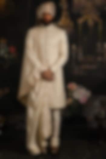 Royal Ivory Silk Embroidered Sherwani Set by Punit Arora