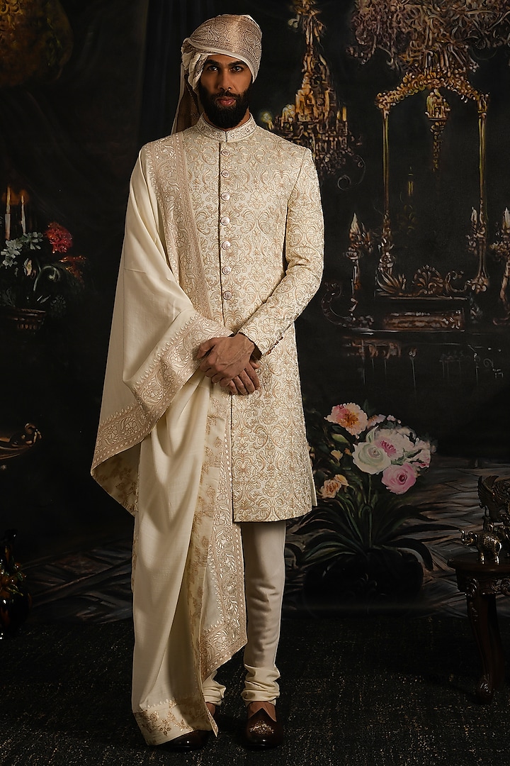 Royal Ivory Silk Embroidered Sherwani Set by Punit Arora