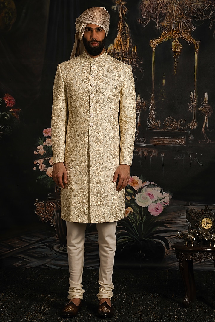 Natural Cream Silk Embroidered Groom Sherwani Set by Punit Arora at Pernia's Pop Up Shop