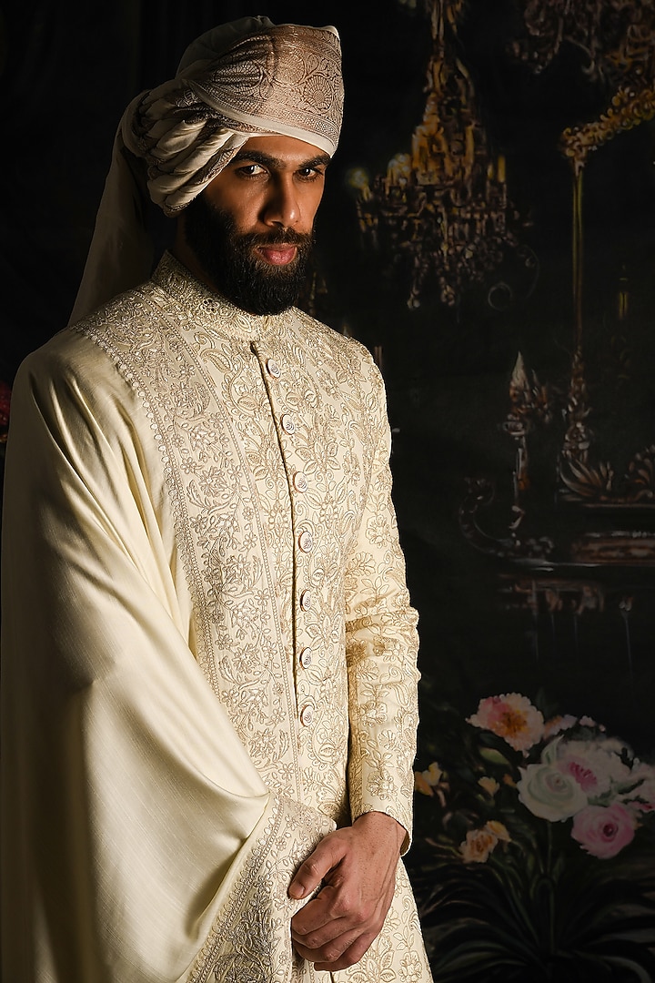Natural Cream Silk Embroidered Groom Sherwani Set by Punit Arora at Pernia's Pop Up Shop
