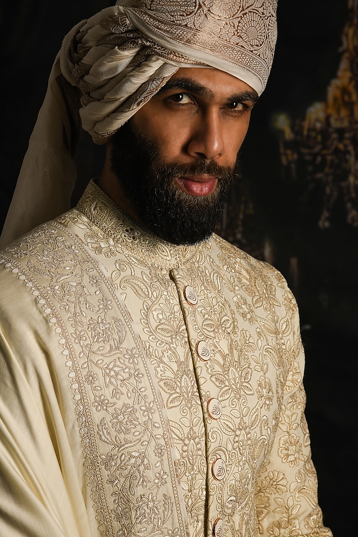 Natural Cream Silk Embroidered Groom Sherwani Set by Punit Arora at Pernia's Pop Up Shop