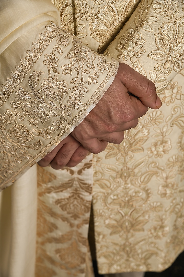 Natural Cream Silk Embroidered Groom Sherwani Set by Punit Arora at Pernia's Pop Up Shop