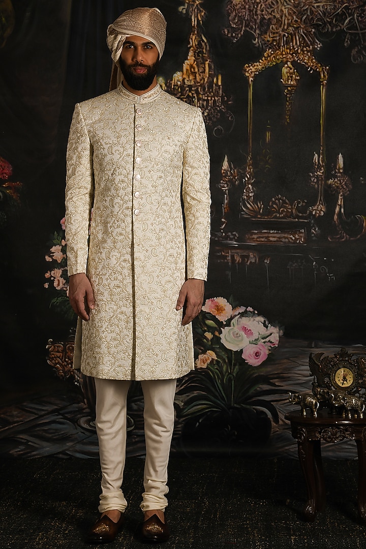 Oyster Cream Silk Embroidered Groom Sherwani Set by Punit Arora at Pernia's Pop Up Shop
