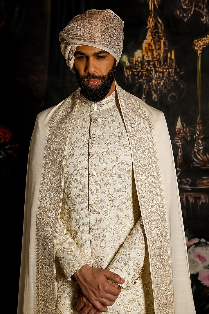 Oyster Cream Silk Embroidered Groom Sherwani Set by Punit Arora at Pernia's Pop Up Shop