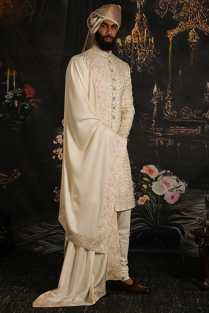 Regal Rose Ivory Silk Embroidered Groom Sherwani Set by Punit Arora at Pernia's Pop Up Shop