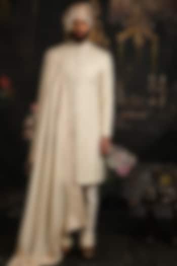 Sea Pearl Ivory Raw Silk Embroidered Sherwani Set by Punit Arora