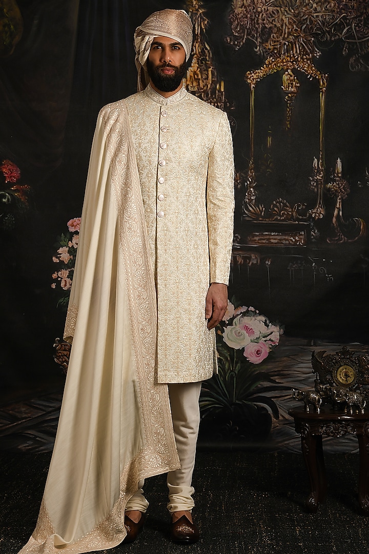 Sea Pearl Ivory Raw Silk Embroidered Sherwani Set by Punit Arora