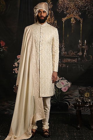 Sea Pearl Ivory Raw Silk Embroidered Sherwani Set by Punit Arora