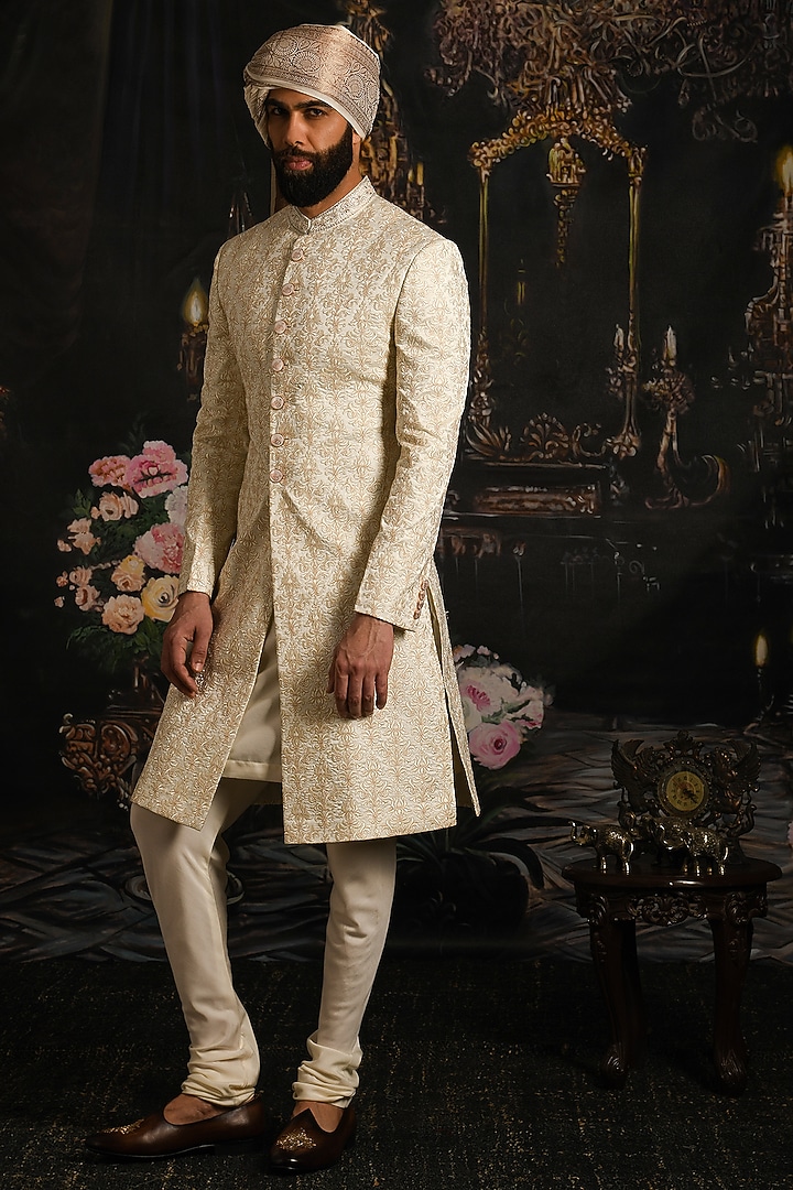 Sea Pearl Ivory Raw Silk Embroidered Groom Sherwani Set by Punit Arora at Pernia's Pop Up Shop