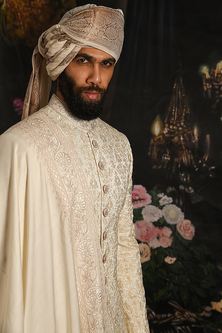 Sea Pearl Ivory Raw Silk Embroidered Groom Sherwani Set by Punit Arora at Pernia's Pop Up Shop