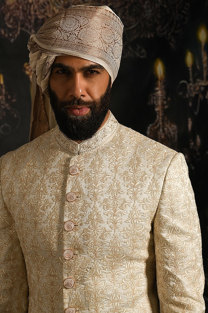 Sea Pearl Ivory Raw Silk Embroidered Groom Sherwani Set by Punit Arora at Pernia's Pop Up Shop