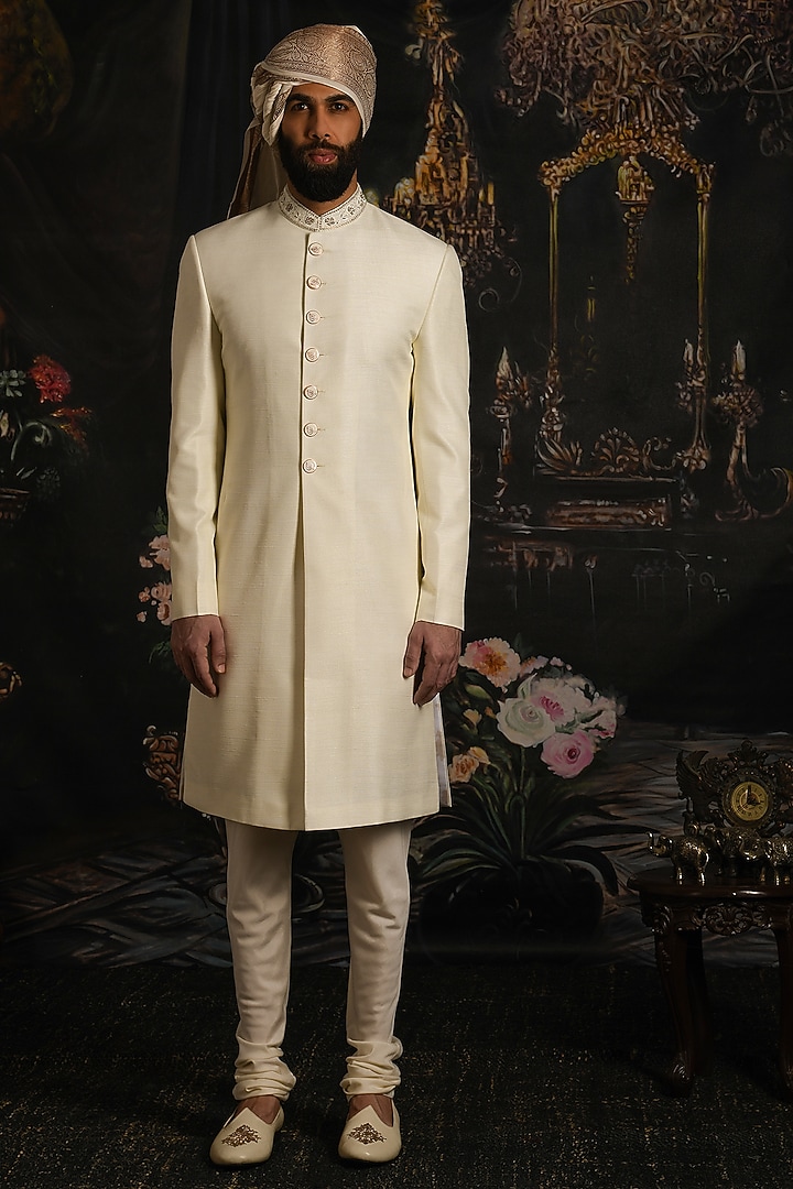 Serenity Cream Handwoven Raw Silk Groom Sherwani Set by Punit Arora at Pernia's Pop Up Shop