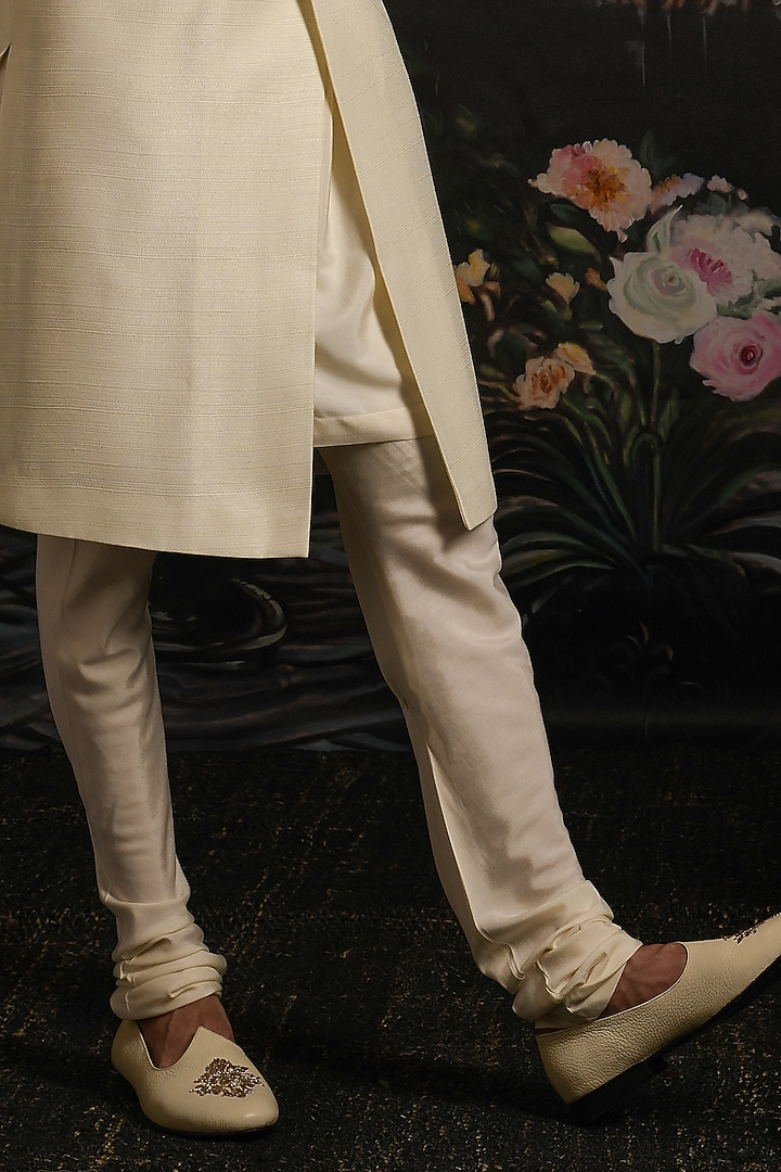 Serenity Cream Handwoven Raw Silk Groom Sherwani Set by Punit Arora at Pernia's Pop Up Shop