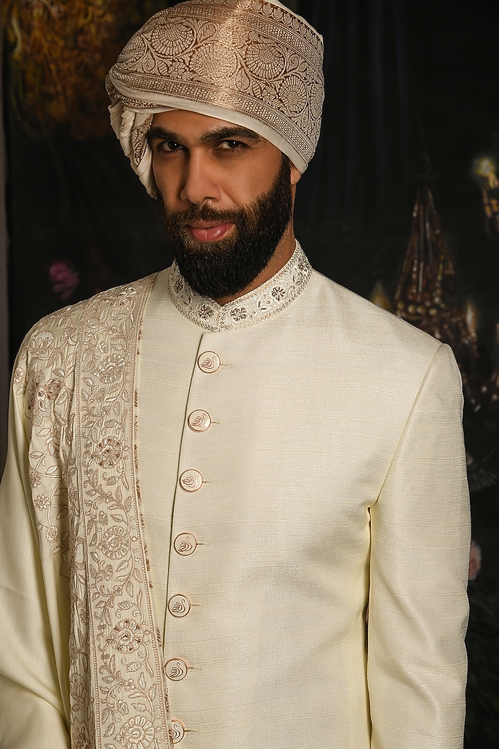 Serenity Cream Handwoven Raw Silk Groom Sherwani Set by Punit Arora at Pernia's Pop Up Shop