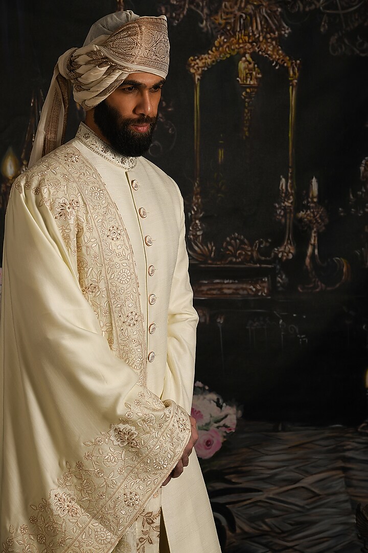 Serenity Cream Handwoven Raw Silk Groom Sherwani Set by Punit Arora at Pernia's Pop Up Shop